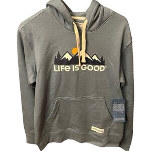 Mens Life is Good Sweatshirt Size Small Pullover Hoodie BLUE w/ Mountains sz SM